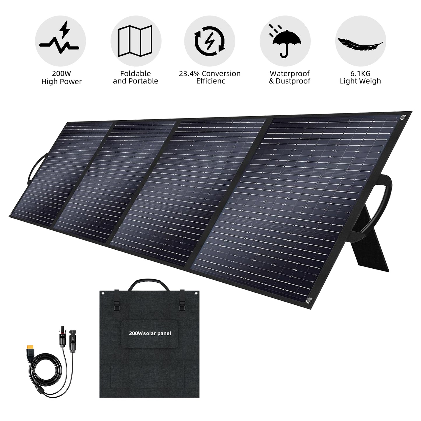 SolarPlay 200W Foldable Solar Panel High Efficiency Portable Charger IP65 Waterproof Backup Power Supply with Kickstand for Camping Emergency RV Outdoor Use