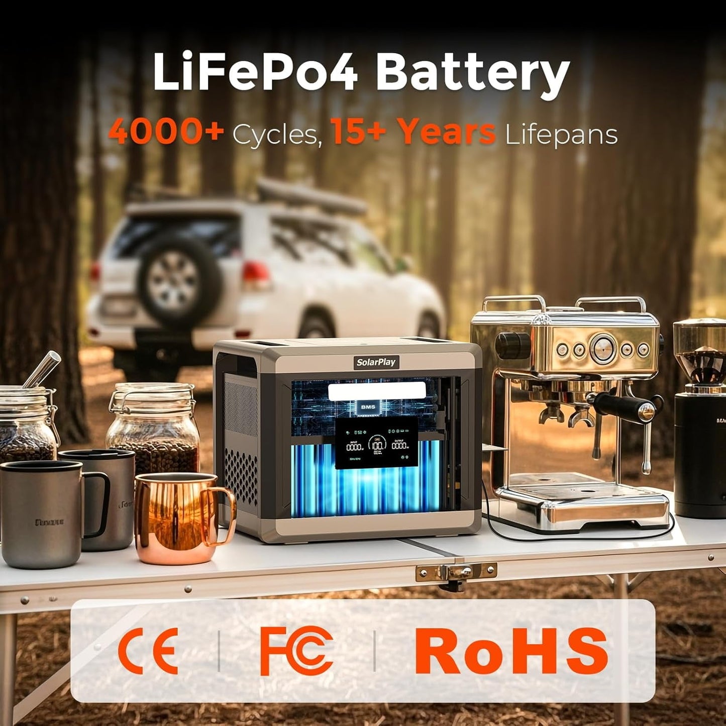 SolarPlay Q2501 2400W 2160Wh LiFePO4 Battery Backup Power Station with 4 AC Outlets, Peak 4800W, for Home Emergency or Camping Use
