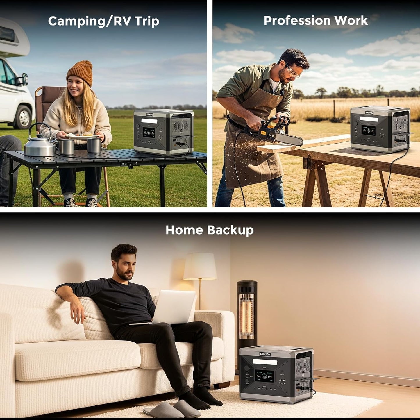 Clearance! Solarplay Q2501 Portable Power Station 2400W Peak 4800W, 2160Wh LiFePO4 Battery, 1.5H Fast Charging, 4 AC Outlets for Home & Outdoor Use