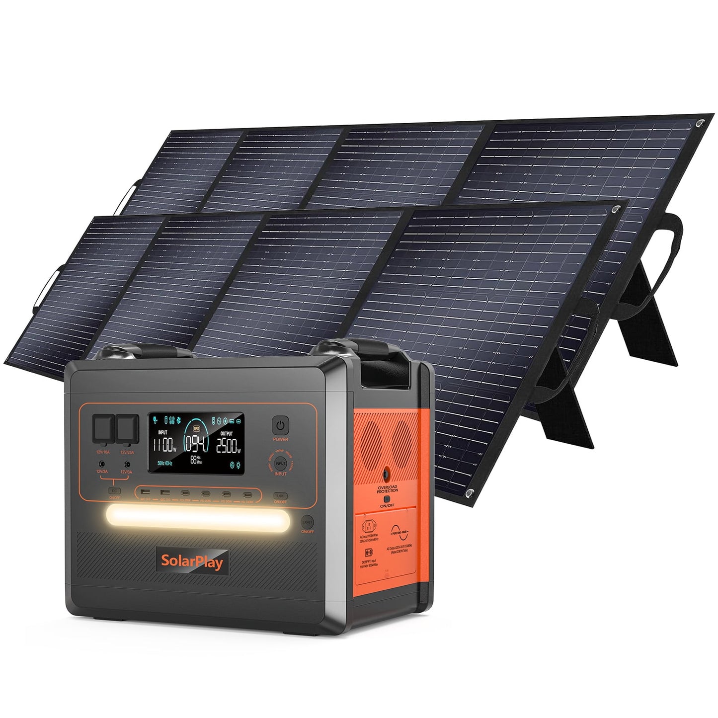 SolarPlay Q2402M Power Station | 2304Wh 2500W LFP Battery | 4 AC Ports | Home & Camping Backup | With 2×200W Solar Panels
