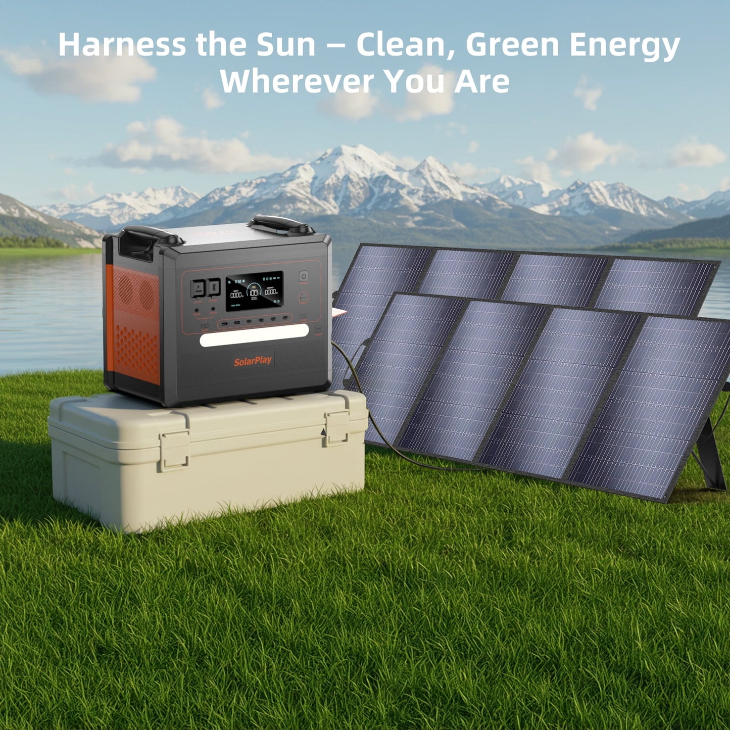 SOLARPLAY 2500W Solar Generator with 2×200W Panels, 1.5H Fast Charge LiFePO4 Power Station for Outdoor Camping, Home Backup, Emergency Use, 4 AC Outlets