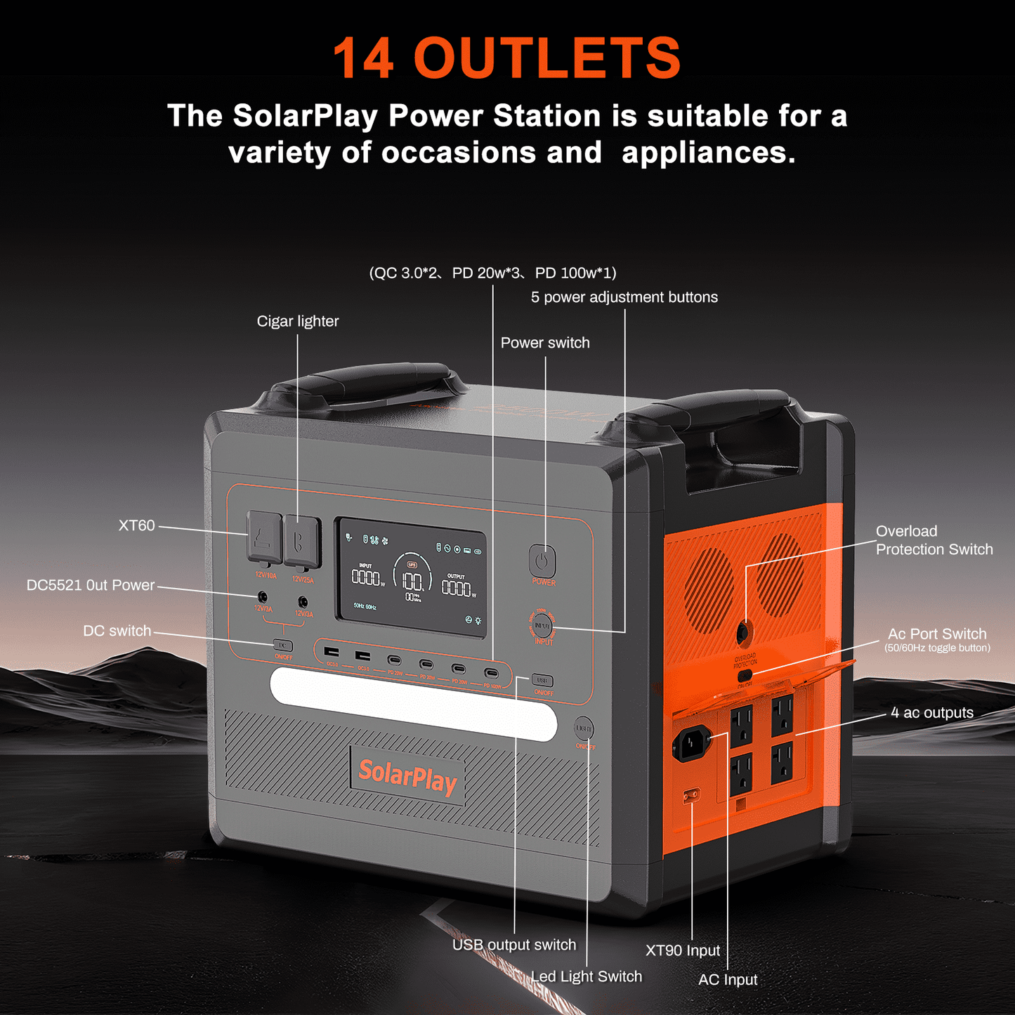 Holiday Sales! SolarPlay 2500W(Peack 4800W) Portable Power Station 2304Wh LiFePO4 Solar Generator Fast Charging for Home Backup Outdoor Camping