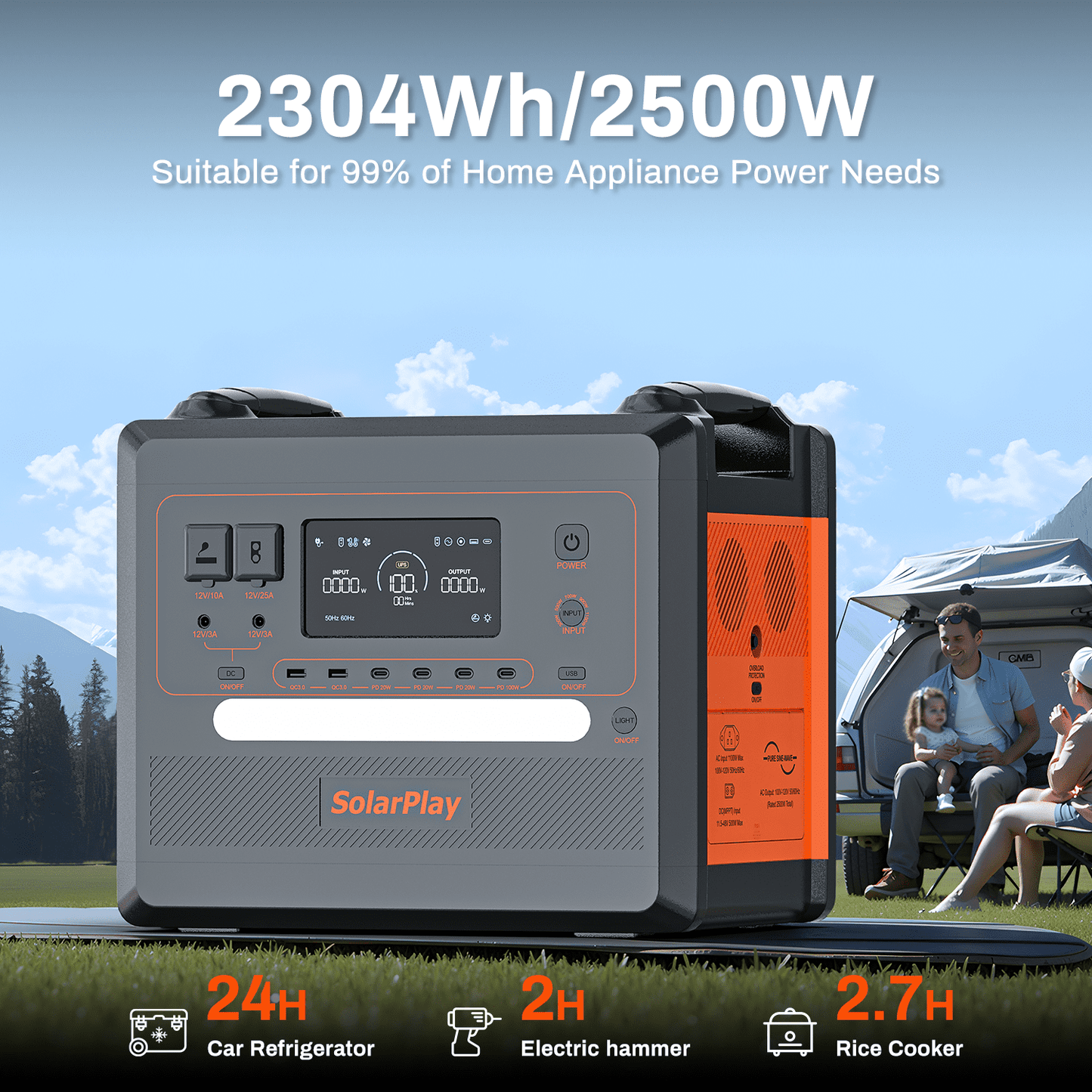 SolarPlay Portable Power Station, 2500W/2304Wh Large Capacity Solar Generator, with 400W Solar Panel, 4 AC Outlets (5000W Peak), Emergency Power Station for Home, Camping, Outdoor Battery Backup
