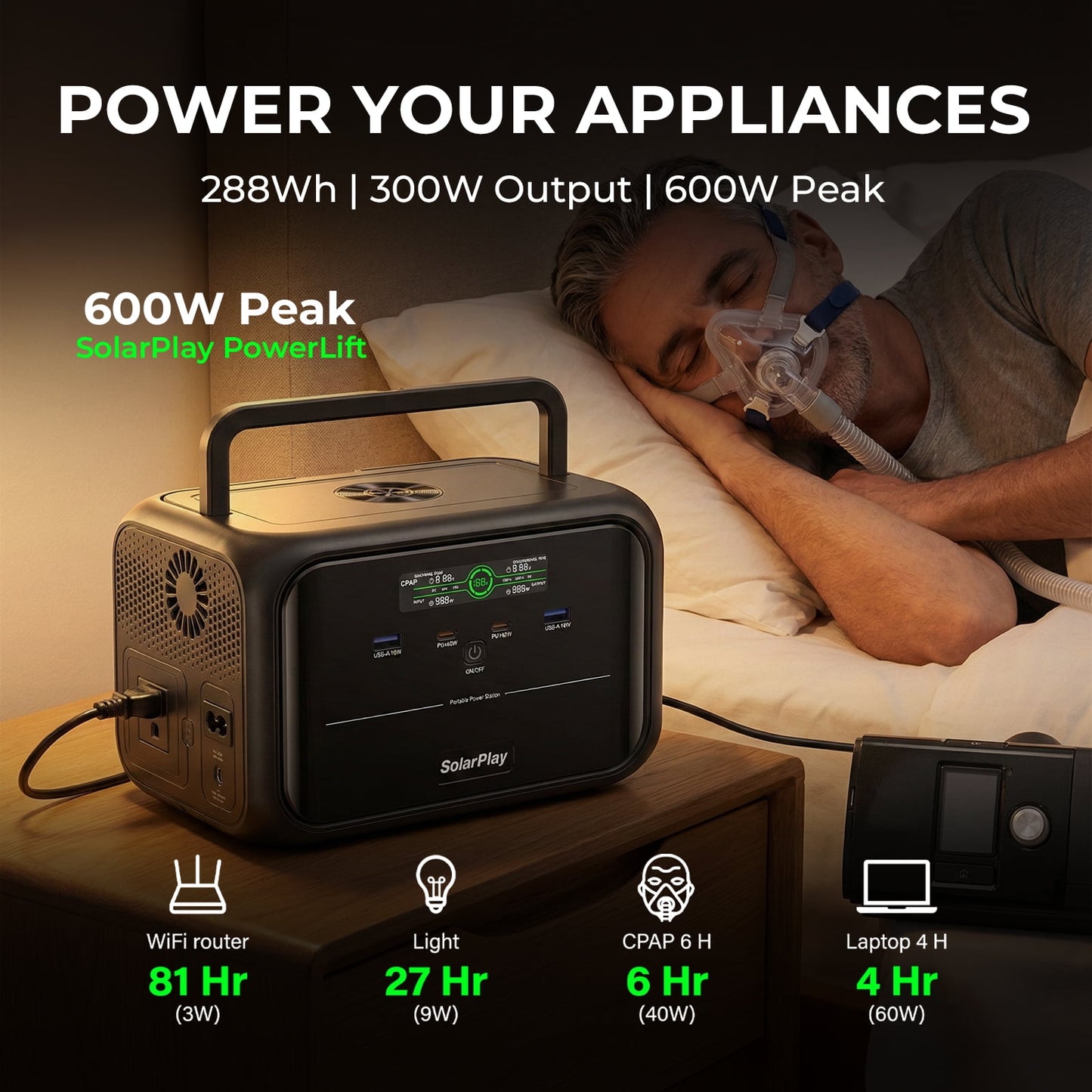Solarplay 300W Portable Power Station(Peak 600W) 288Wh with 120V AC, 140W PD Fast Charge, for Camping, RV, Home Emergency