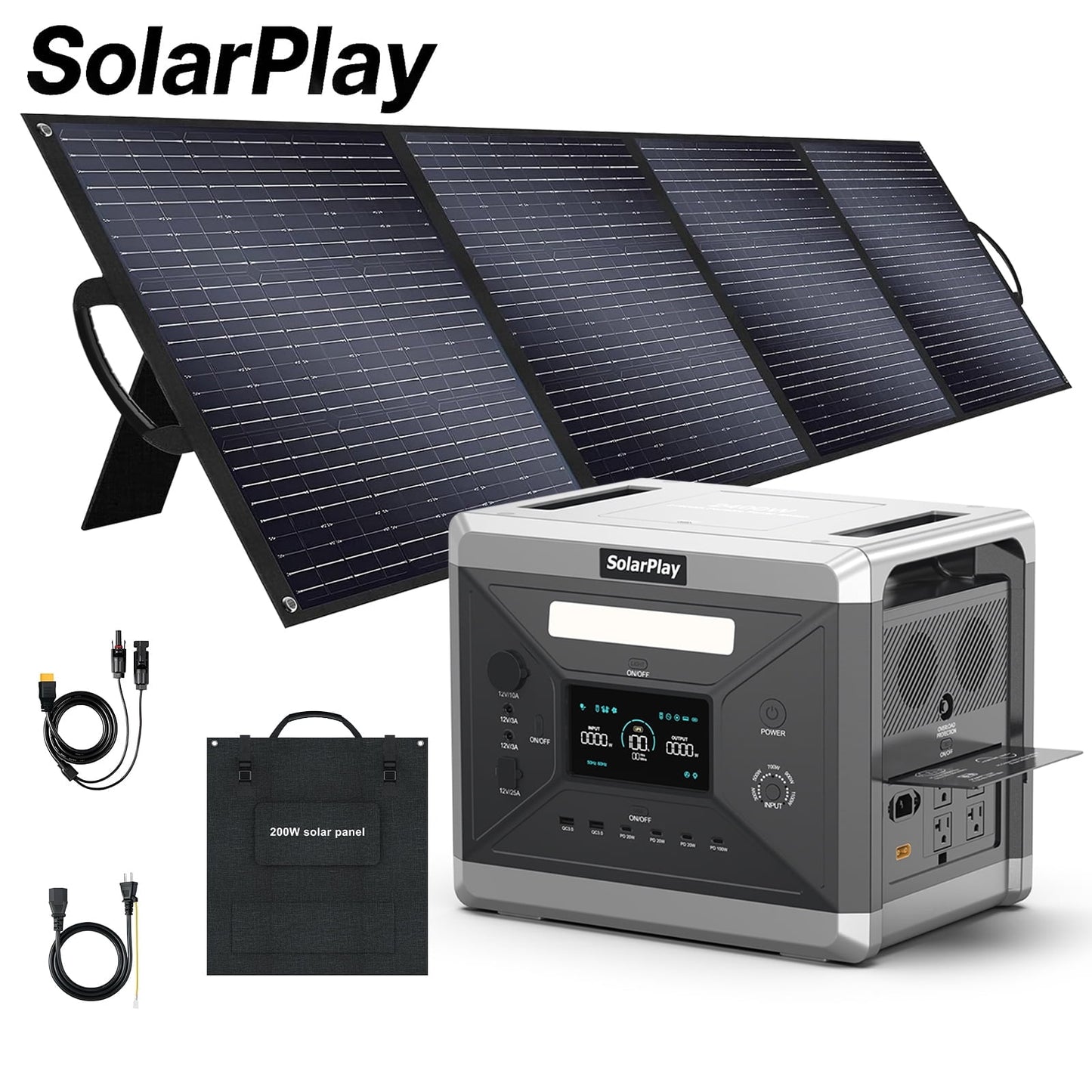 Holiday Sales! SolarPlay Q2501 2400W 2160Wh Portable Power Station with 200W Solar Panel, 1.5H Fast Charge Generator for Home Use, Camping, RV, Emergency Power