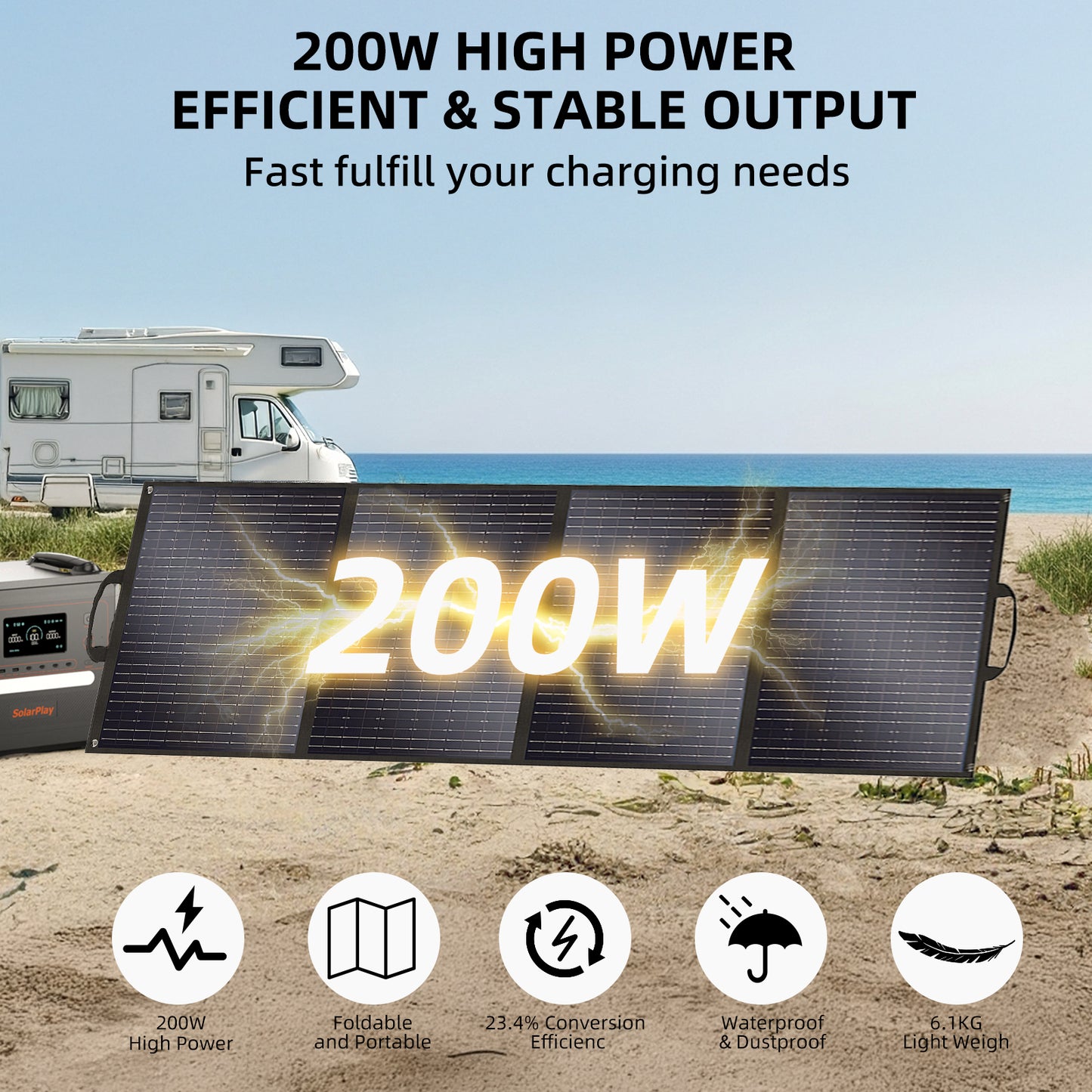SolarPlay 200W Foldable Solar Panel High Efficiency Portable Charger IP65 Waterproof Backup Power Supply with Kickstand for Camping Emergency RV Outdoor Use