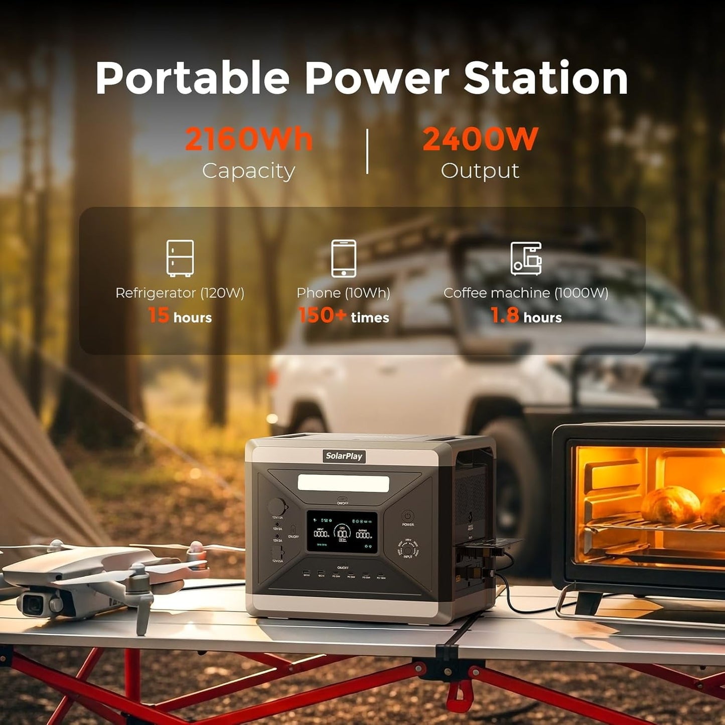 Holiday Event Deal! SolarPlay 2400W Portable Power Station with Foldable Cart,2160Wh LiFePO4 Battery, 1.5Hr Fast Charge, 4 AC Outlets (4800W Peak), UPS Backup for Home & Outdoor Use