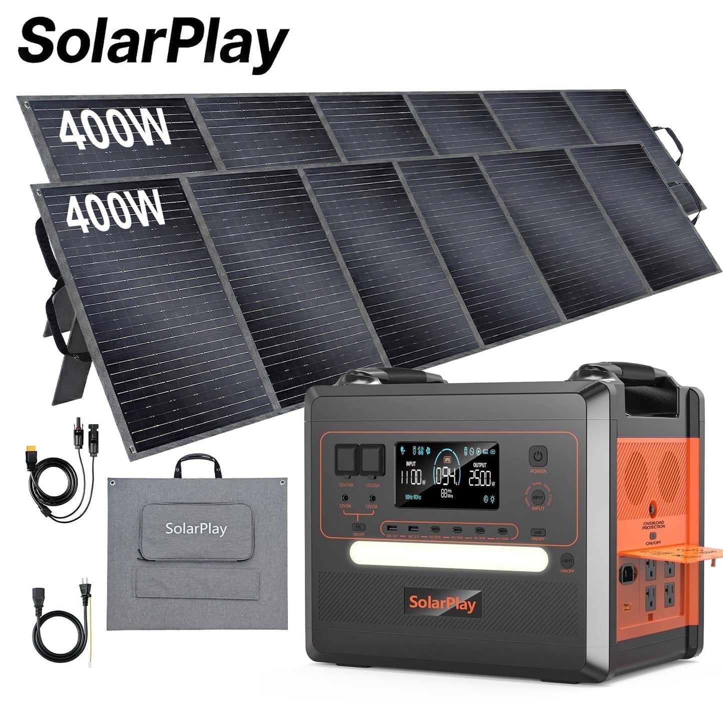 Clearance!Solarplay Q2402M Portable Power Station with 2×400W Solar Panels,2304Wh LiFePO4 Battery,2500W (Surge 4800W) Output Home Power,Solar Generator for Home Use,Camping Accessories,Emergencies