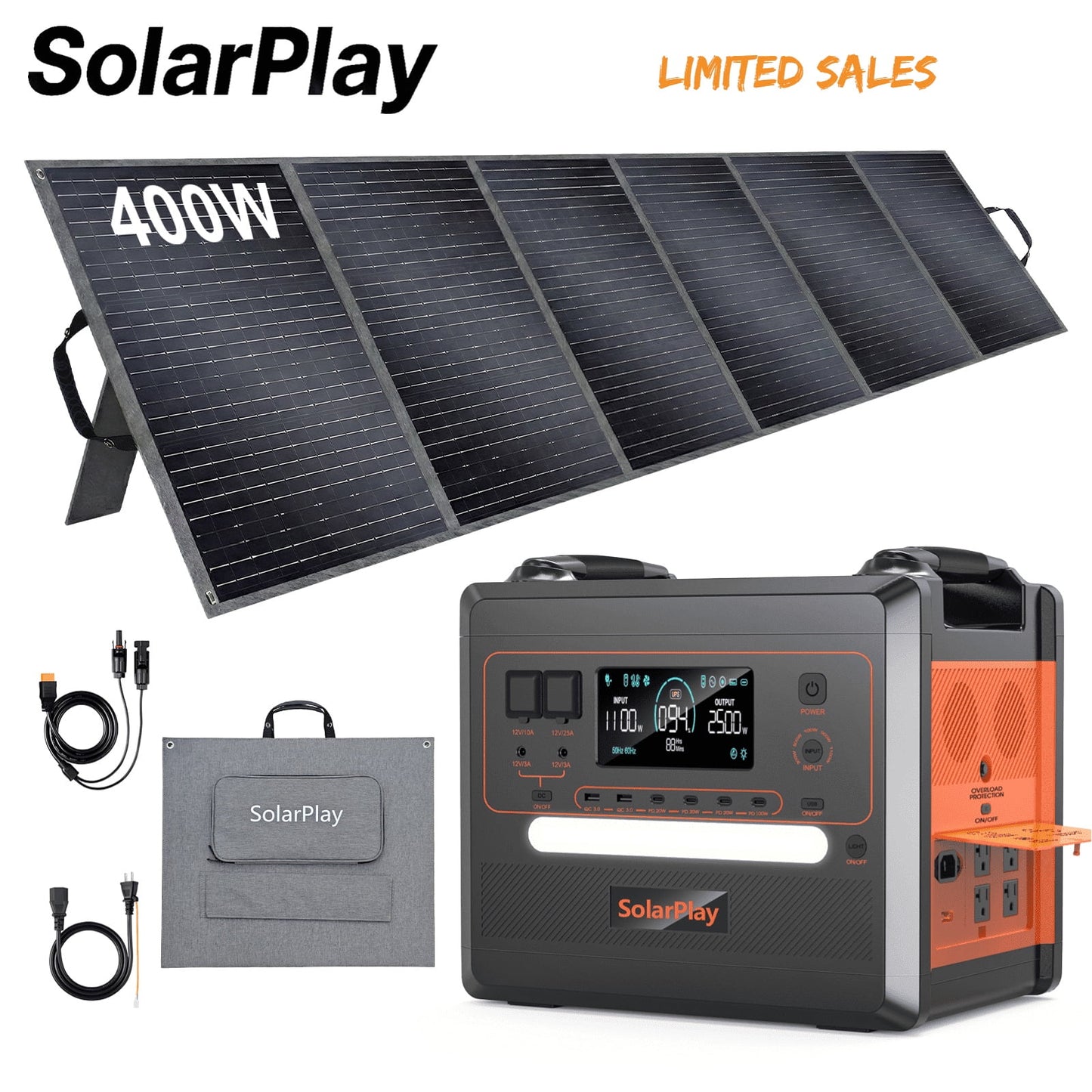 Clearance! Solarplay Q2402M Portable Power Station with 400W Solar Panel, 2304Wh LiFePO4 Battery, 2500W (Surge 4800W) Output Home Power, Solar Generator for Home Use, Camping Accessories, Emergencies