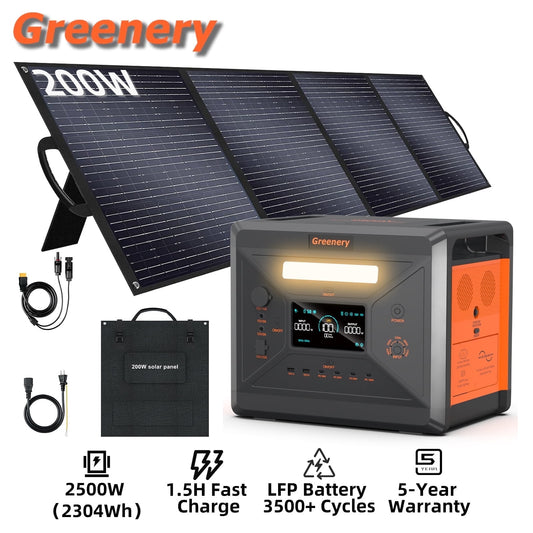 Holiday Sales! Greenery Portable Power Station G2500 2500W Continuous 5000W Peak LiFePO4 Battery with 200W Solar Panel for Camping Home Backup
