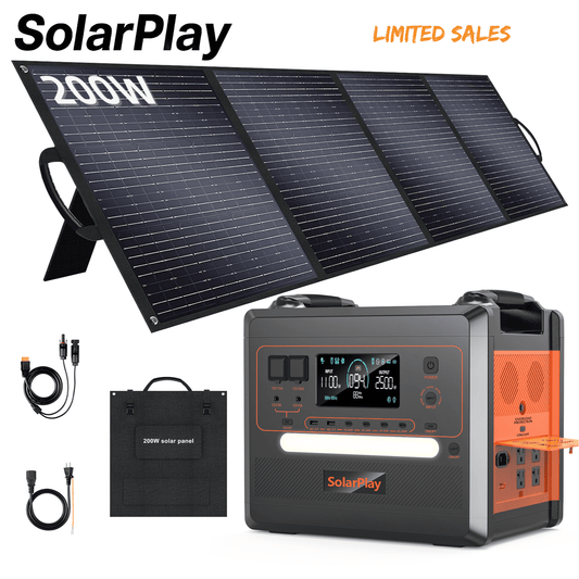 SolarPlay Portable Power Station, 2500W/2304Wh Large Capacity Solar Generator, with 200W Solar Panel, 4 AC Outlets (5000W Peak), Emergency Power Station for Home, Camping, Outdoor Battery Backup