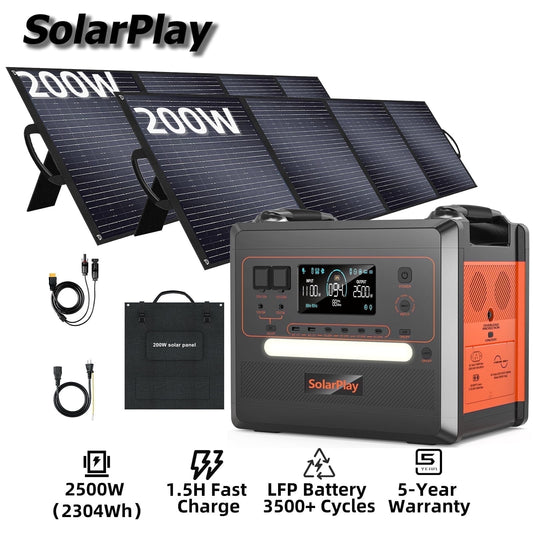 SOLARPLAY 2500W Solar Generator with 2×200W Panels, 1.5H Fast Charge LiFePO4 Power Station for Outdoor Camping, Home Backup, Emergency Use, 4 AC Outlets