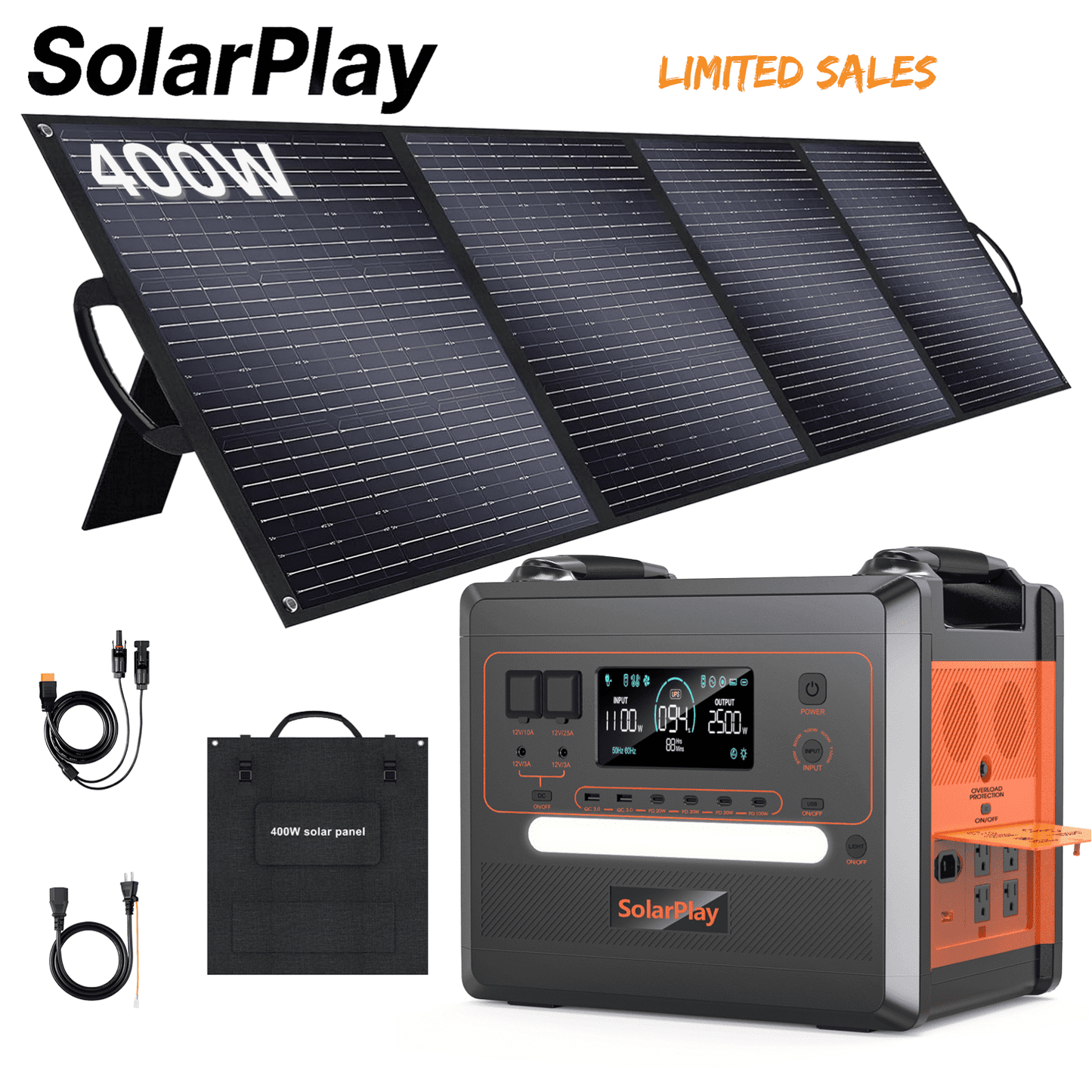 SolarPlay Portable Power Station, 2500W/2304Wh Large Capacity Solar Generator, with 400W Solar Panel, 4 AC Outlets (5000W Peak), Emergency Power Station for Home, Camping, Outdoor Battery Backup