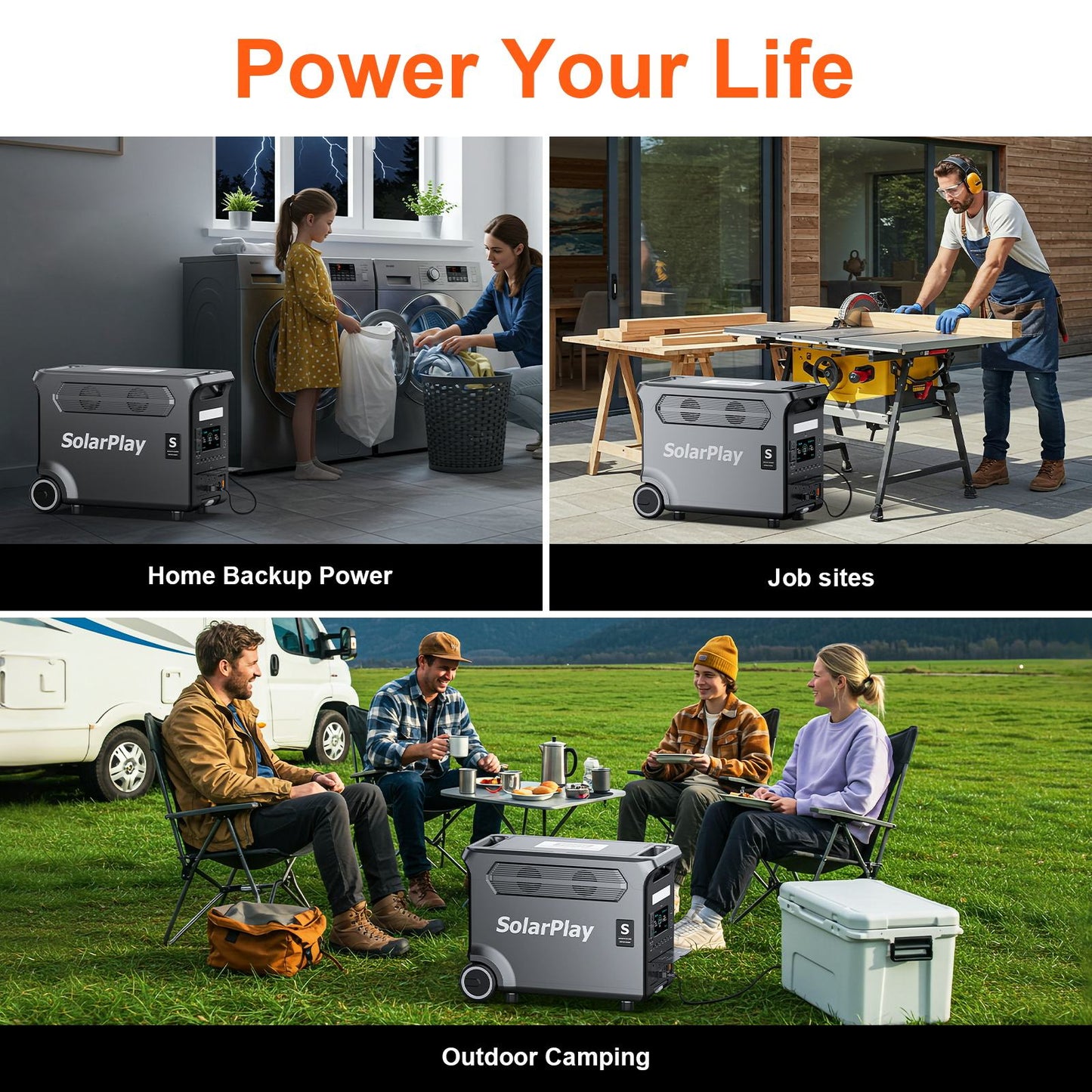 Solarplay 3600W Portable Solar Generator with 4×400W Solar Panels,3840Wh LiFePO4 Battery,Peak 6600W,15 Output Ports,UPS Backup, Outdoor & Emergency Power System
