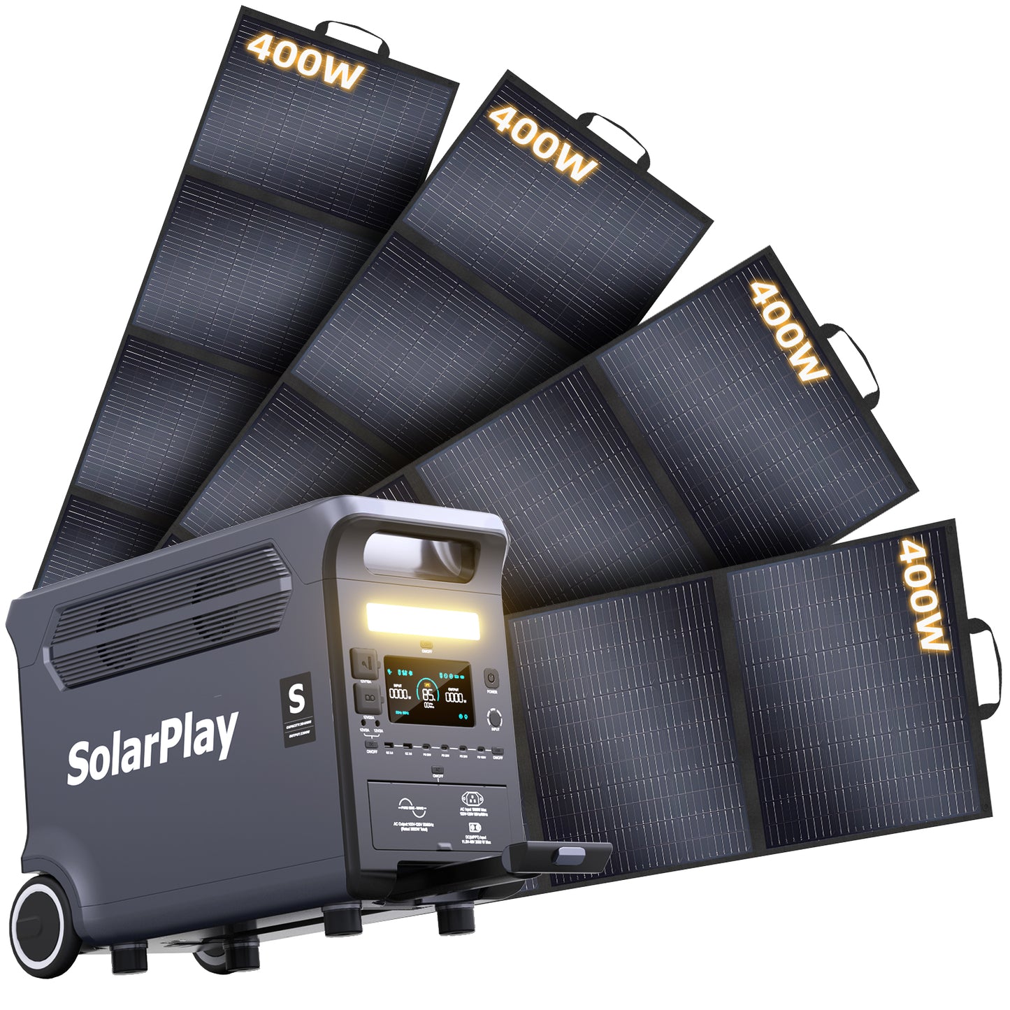 Solarplay 3600W Portable Solar Power Station with 2×400W Solar Panels,3840Wh LiFePO4 Battery,Peak 6600W,15 Output Ports,UPS Backup,Fast Charging for Home,RV,Camping,Outdoor Emergencies