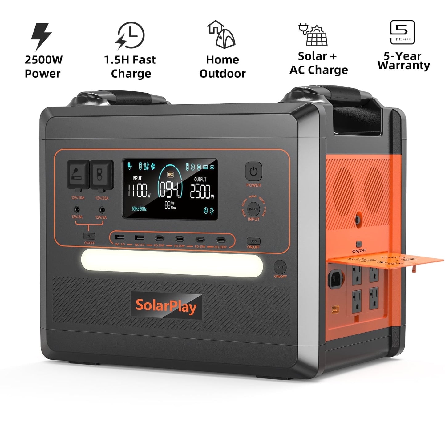 Holiday Sales! SolarPlay 2500W(Peack 4800W) Portable Power Station 2304Wh LiFePO4 Solar Generator Fast Charging for Home Backup Outdoor Camping