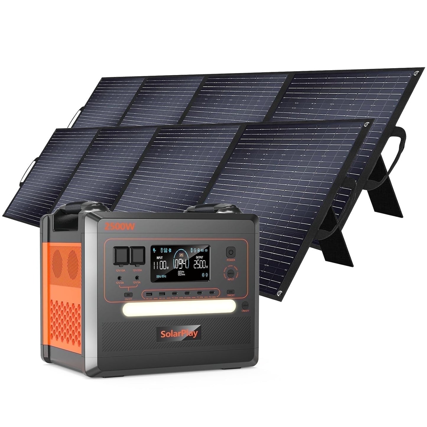 SolarPlay Q2402M Power Station | 2304Wh 2500W LFP Battery | 4 AC Ports | Home & Camping Backup | With 2×200W Solar Panels