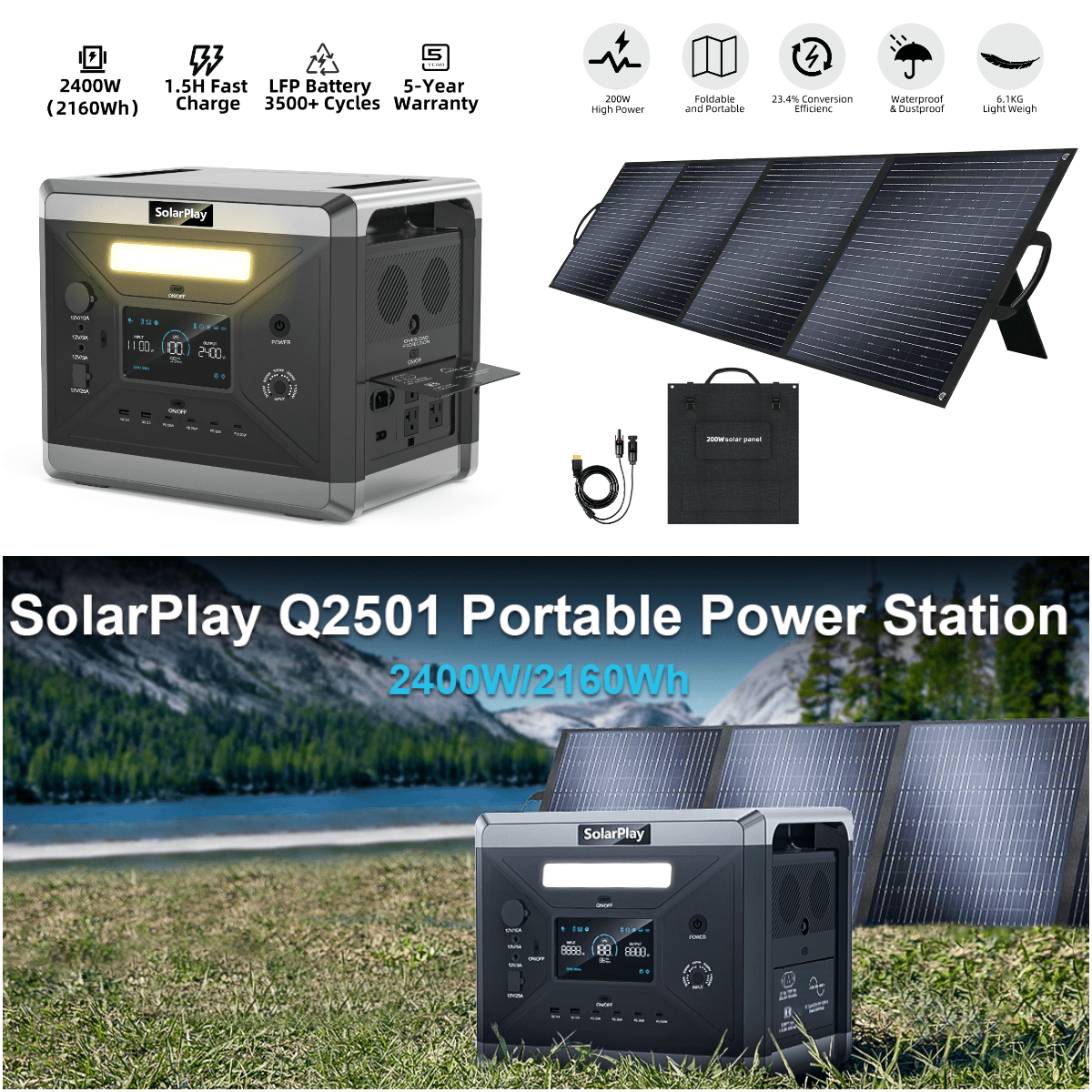 Holiday Sales! SolarPlay Q2501 2400W 2160Wh Portable Power Station with 200W Solar Panel, 1.5H Fast Charge Generator for Home Use, Camping, RV, Emergency Power