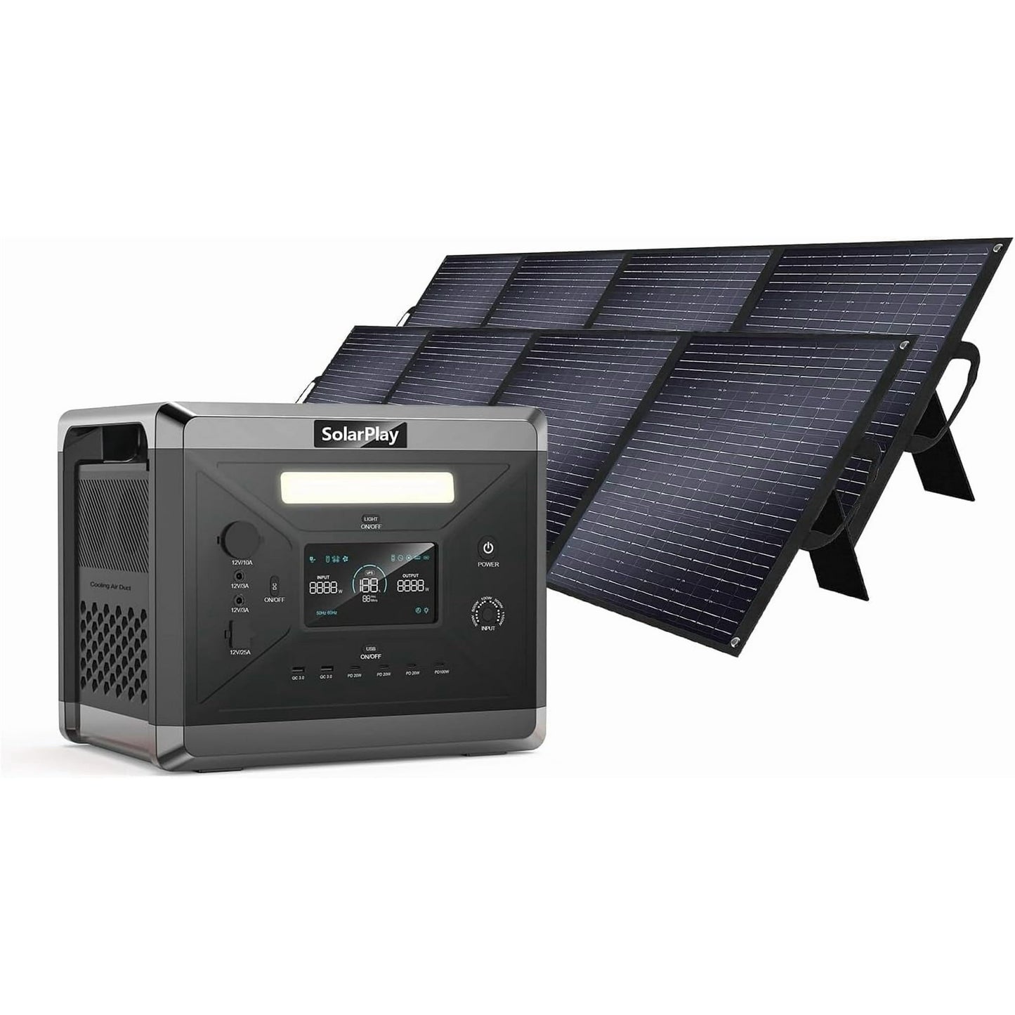 SolarPlay Portable Power Station Q2501 | 2160Wh Large Capacity | 2400W Output | 4 AC Ports | 2×200W Solar Panel | Backup Battery for Home & Camping