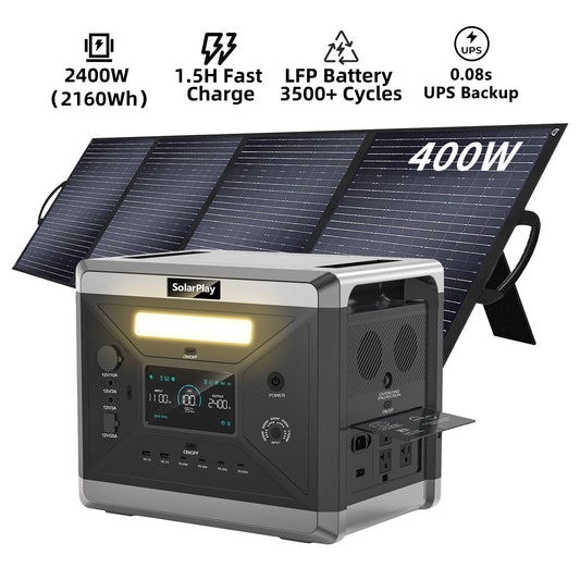 Solarplay 2400W(4800W Peak) Solar Generator, with 400W Solar Panel,2160Wh Portable LiFePO4 Battery Power Station for Camping Home Backup RV