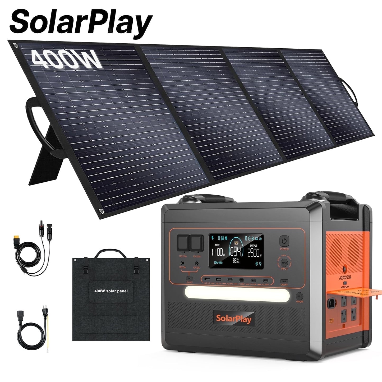 SolarPlay Q2402M 2500W Solar Generator, 2304Wh LiFePO4 Power Station, Portable Solar Generator with 400W Solar Panel for Home Backup, Off-Grid Living, Best Camping Power Station