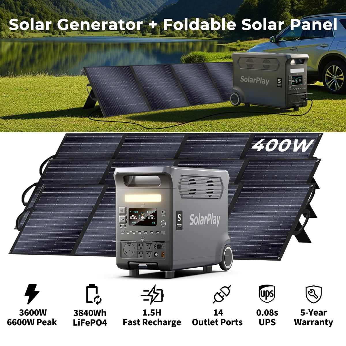 Solarplay Q3600 3840Wh 3600W Portable Power Station with 3×400W Solar Panels, 15 Outputs, for Home, Camping, Emergencies , RV
