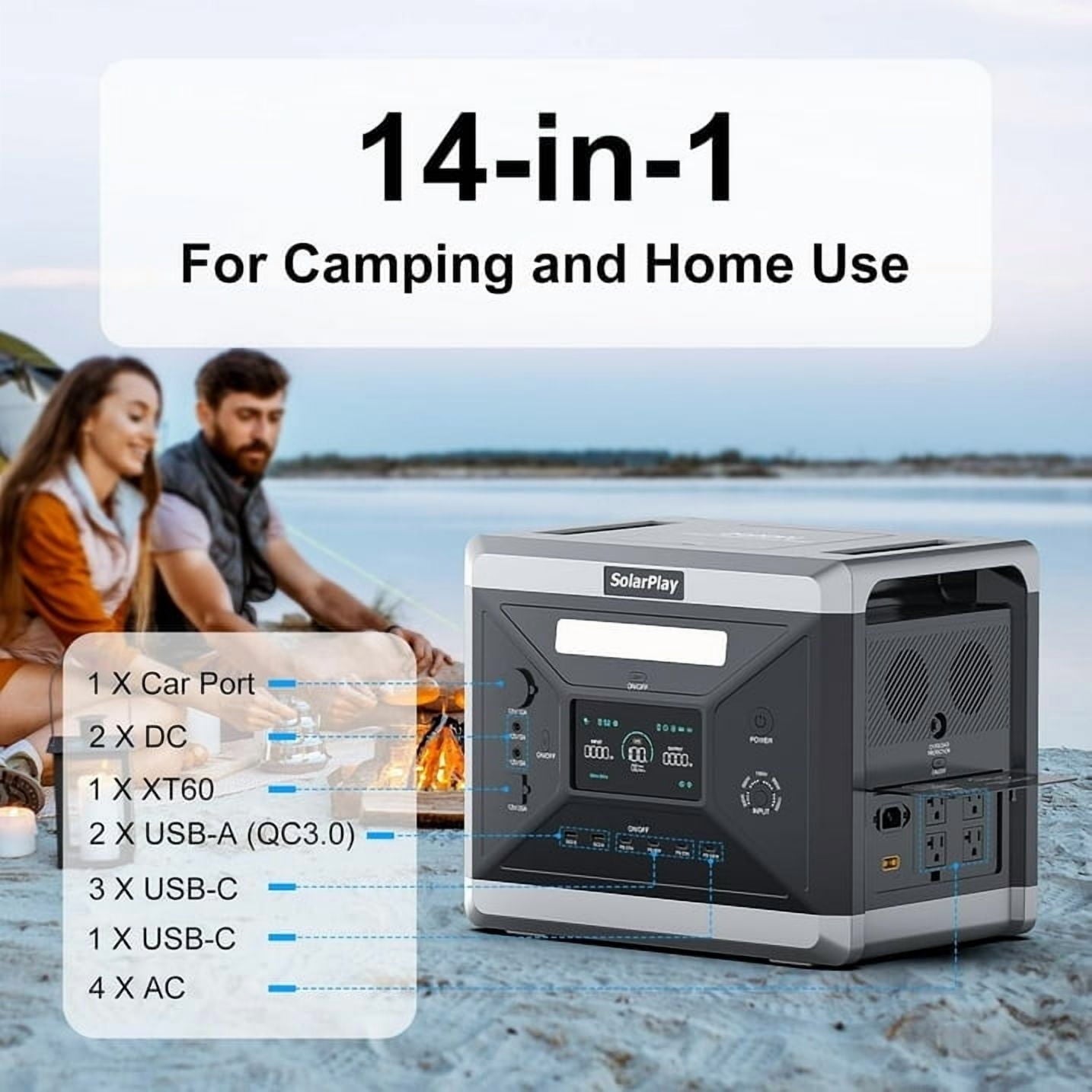 Clearance! Solarplay Portable Power Station Q2501 2400W (Peak 4800W) 2160Wh LiFePO4 Solar Generator with 400W Solar Panels for Camping Home Backup
