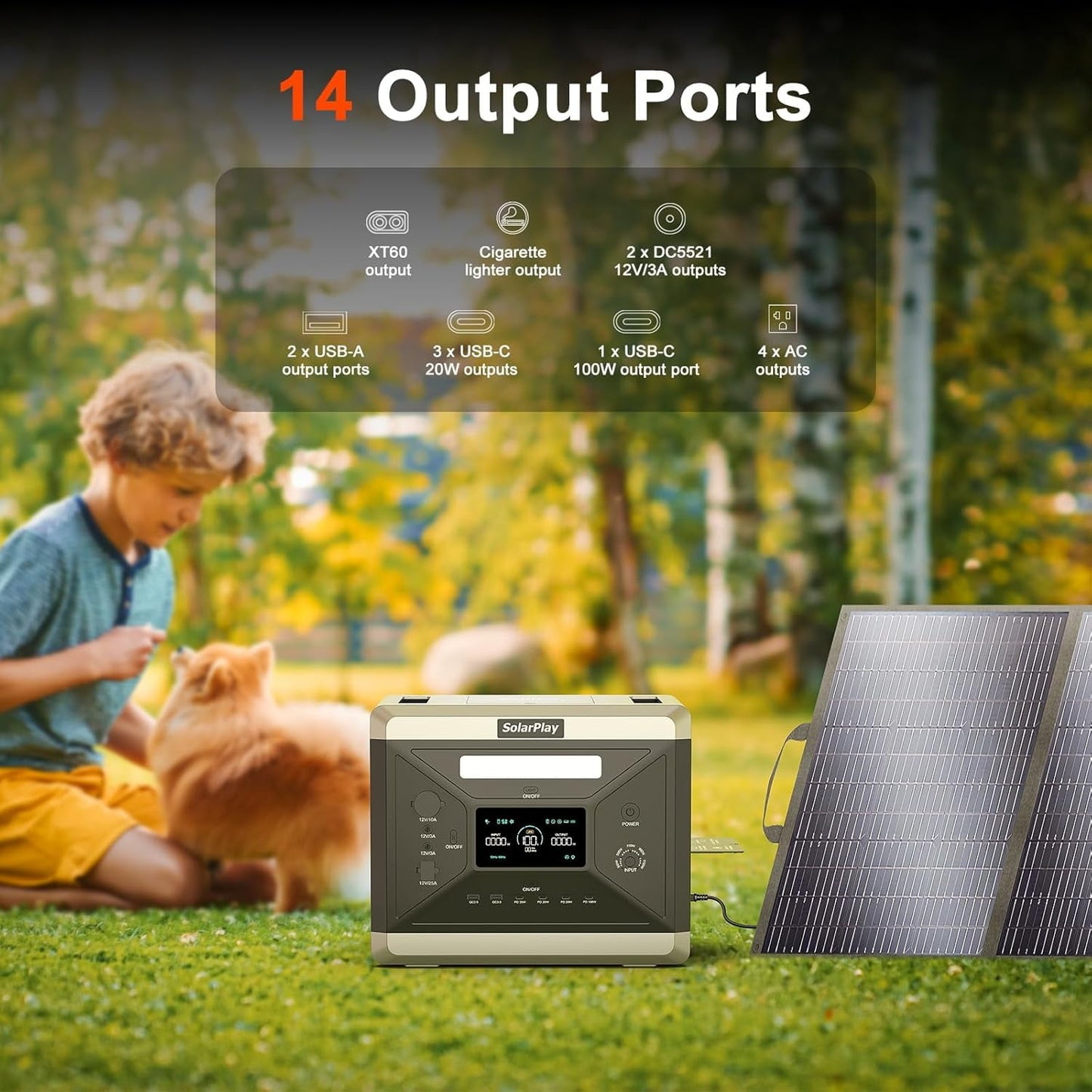 SolarPlay Q2501 2400W 2160Wh LiFePO4 Battery Backup Power Station with 4 AC Outlets, Peak 4800W, for Home Emergency or Camping Use