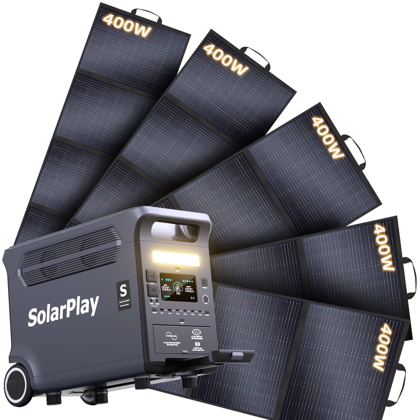 Solarplay 3600W Portable Solar Generator with 5¡Á400W Solar Panels, 3840Wh LiFePO4 Battery, Peak 6600W, 15 Output Ports, UPS Backup, Outdoor & Emergency Power Station